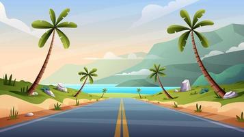 Beach road landscape illustration. Straight highway through palm trees cartoon vector background