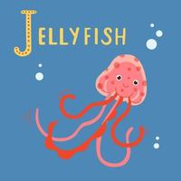 Vector illustration of cute pink jellyfish in deep blue ocean. Sea animal underwater creature