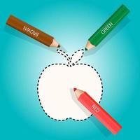 Pencils and apple square poster. Green, red, brown, blue vector