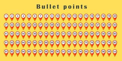 Bullet point set from 1 to 100. Red markers with numbers in white circles. Graphic design