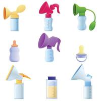 Breast pump icons set, cartoon style vector