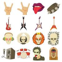 Rock music icons set, cartoon style