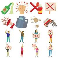 Protest items icons set, cartoon style vector