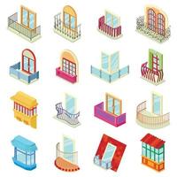 Balcony window forms icons set, isometric style vector