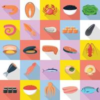 Seafood fresh fish food icons set, flat style vector