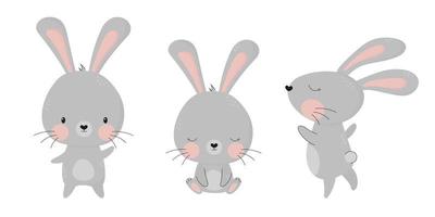 Collection of cute hand drawn bunnies. Vector illustration. Grey hare. Cartoon animal character for kids, toddlers and babies fashion. Easter Bunny