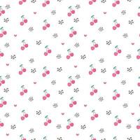 Seamless pattern of cherry fruit with green leaves, dots and hearts. Vector illustration. Cute cartoon fruit pattern, design for print, wrapping paper, packaging, web, fabric, textile, fruit shops