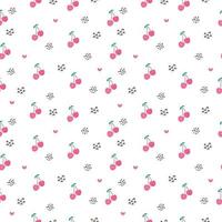 Seamless pattern of cherry fruit with green leaves, dots and hearts. Vector illustration. Cute cartoon fruit pattern, design for print, wrapping paper, packaging, web, fabric, textile, fruit shops