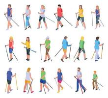 Nordic walking icons set, isometric style vector