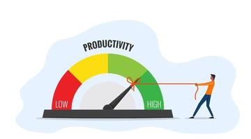 Productivity measurement concept. Businessman pulling a rope to high pointing symbol vector