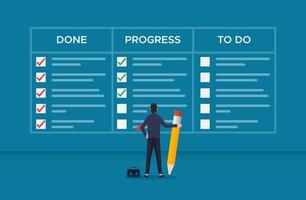 concepto de gestión de tareas. hombre de negocios llenando la lista de verificación en el tablero de tareas de scrum, ilustración vectorial vector