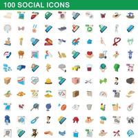 100 iconos sociales, estilo de dibujos animados vector