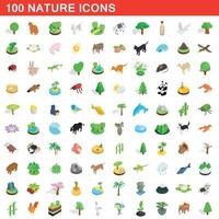 100 nature icons set, isometric 3d style vector