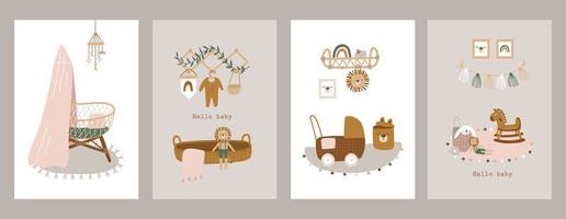 Baby card in boho and Scandinavian style for baby shower, invitation card, poster. Vector illustration.