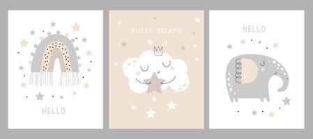 Cute baby card set, posters with bunny, elephant, moon. For baby room, greeting cards and baby t-shirts. Vector illustrations