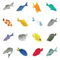 Fish icons set, isometric 3d style vector