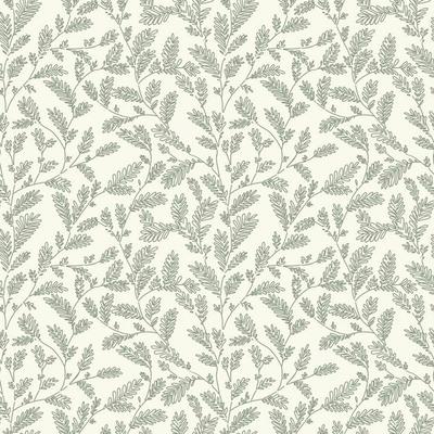 Seamless vector green sage color line leaf and twig pattern on beige background. Hand drawn floral botanical wallpaper.