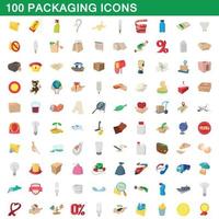 100 iconos de embalaje, estilo de dibujos animados vector