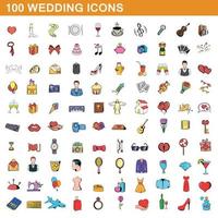 100 iconos de boda, estilo de dibujos animados vector