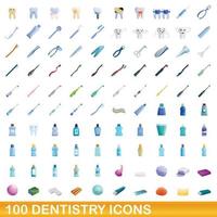 100 odontología, conjunto de iconos de estilo de dibujos animados