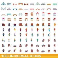 100 universal icons set, cartoon style vector