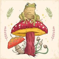 Hand drawn Cottagecore Aesthetic Goblincore Frog sitting on Mushroom, Cottage core style frog vector