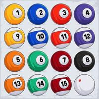 Hand drawn Full Set of 16 Billiards Balls for Pool Tables, Includes Eight Ball and White Cue Ball vector