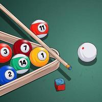 Hand drawn Set of Billiards Balls with triangle Cue Chalk and White Cue Ball in Green Billiards table vector