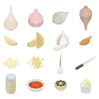 Garlic icons set, isometric style vector