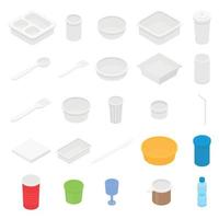 Plastic tableware icons set, isometric style vector