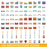 100 architecture icons set, cartoon style
