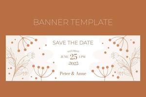 Floral wedding horizontal banner template in doodle style, Save the date, invitation card design beige and white flowers, leaves and berries. Decorative frame pattern and wreath. vector