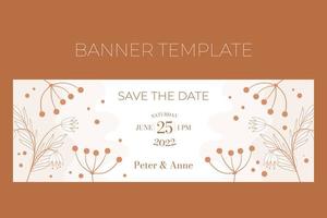 plantilla de banner horizontal de boda floral en estilo de fideos, guardar la fecha, diseño de tarjeta de invitación flores beige y blancas, hojas y bayas. patrón de marco decorativo y corona. vector