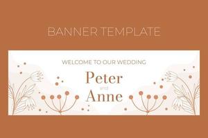 Floral wedding horizontal banner template in doodle style, Welocme to our wedding, invitation card design beige and white flowers, leaves and berries. Decorative frame pattern and wreath. vector