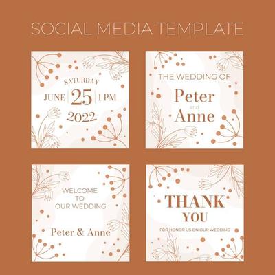 Floral wedding square social media template in doodle style, invitation card design beige and white flowers, leaves and berries. Decorative frame pattern and wreath. Vector elegant decoration