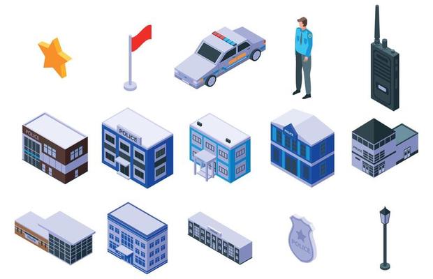 Police station icons set, isometric style