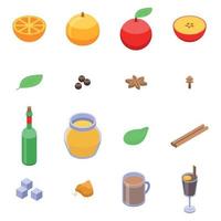 Mulled wine icons set, isometric style vector