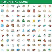 100 capital icons set, cartoon style vector