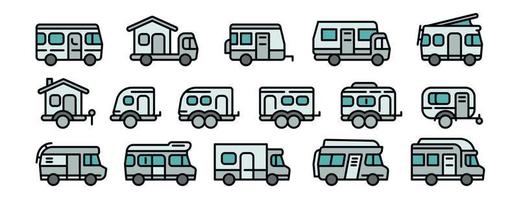 conjunto de iconos de autocaravana, estilo de contorno vector