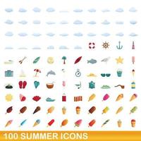 100 summer icons set, cartoon style vector