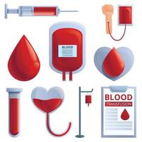 Conjunto de iconos de transfusión de sangre, estilo de dibujos animados vector