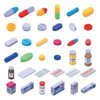 Pill drug icons set, isometric style vector