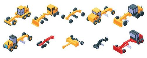 Grader machine icons set, isometric style vector