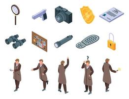 Investigator icons set, isometric style vector