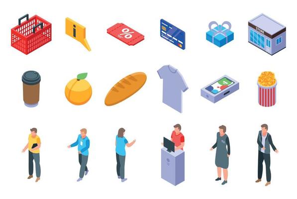 Shop assistant icons set, isometric style