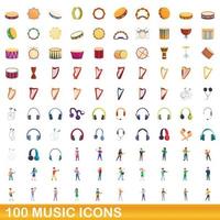 100 iconos de música, estilo de dibujos animados vector