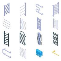 Heated towel rail icons set, isometric style vector