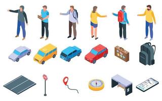 Hitchhiking icons set, isometric style vector