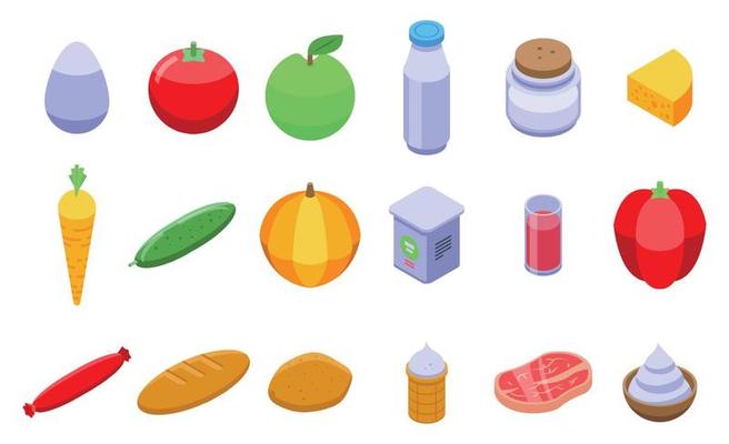 Farm products icons set, isometric style