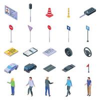 Driving school icons set, isometric style vector